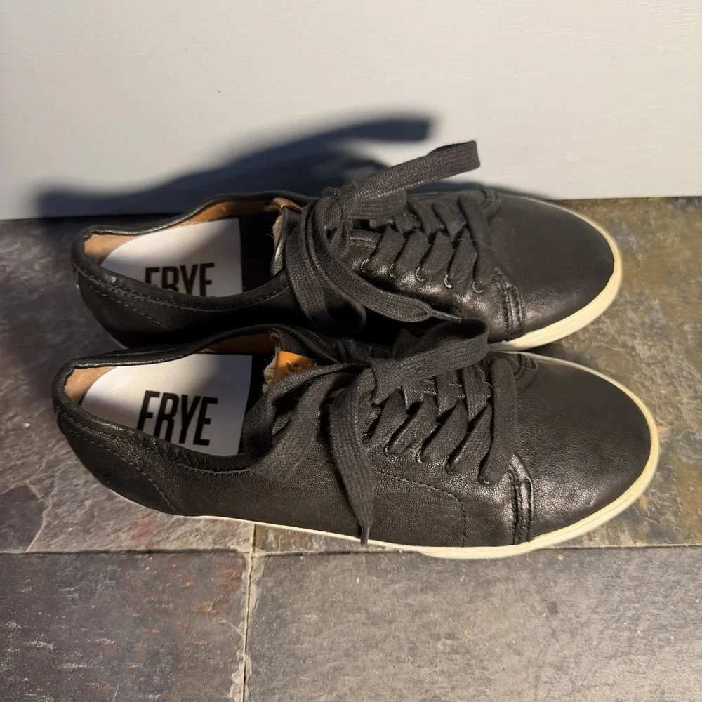 Frye Womens Mindy Black Low Top Leather Lace Up Sneaker Shoes Size 7.5 m